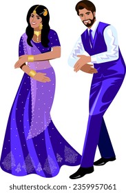 Beautiful Indian couple bride and groom in purple wedding costumes dancing a cheerful national dance at a wedding  Vector