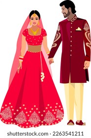 Beautiful Indian couple in bright wedding suits at the weddingVector