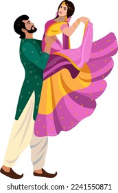 Beautiful Indian couple in colorful costumes dancing national Indian dance Vector