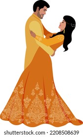 Beautiful Indian Couple Dance At The Wedding In Golden Color Suits Vector