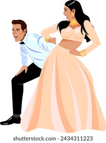 Beautiful Indian couple dancing in Bollywood style at their wedding Bride and groom in elegant wedding suits  Vector