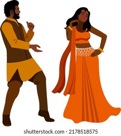 Beautiful Indian Couple Dancing National Folklore Dance In Colorful Yellow-orange Folk Costumes Vector