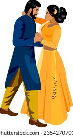 Beautiful Indian couple dancing at their wedding  Bride and groom in elegant wedding suits smiling  Vector