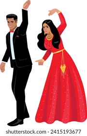 Hermosa pareja india bailando en su boda alegre baile tradicional de boda Groom con traje de moda con corbata de arco Novia en sari rojo tradicional con joyería de oro Vector