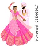 Beautiful Indian couple dancing wedding dance Bride in bright pink wedding dress Groom in light pink suit and turban Vector