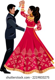 Hermosa pareja india bailando en la boda Novia con vestido de fucsia rojo con adornos dorados Groom con traje azul oscuro pareja joven sonriendo Vector