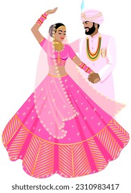 Beautiful Indian couple dancing wedding dance Bride in bright pink wedding dress Groom in light pink suit and turban Vector svg