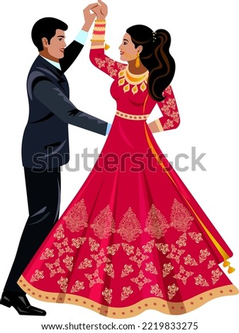 Beautiful Indian couple dancing at the wedding  Bride in red fuchsia dress with golden ornaments  Groom in dark blue suit Young couple smiling Vector