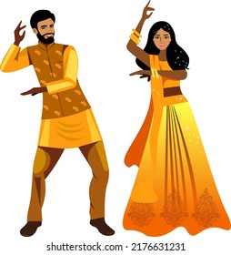 Beautiful Indian couple dancing in yellow-orange national costumes  Vector