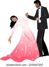 Beautiful Indian couple in elegant costumes dancing at their wedding  Vector