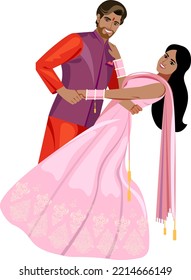 Beautiful Indian couple in fancy costumes at the wedding The bride is wearing a soft pink dress The groom is wearing red purple clothes  Vector