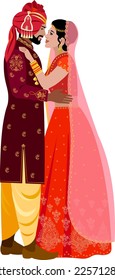 Beautiful Indian couple in traditional Indian wedding costumes Neest in red dress with patterns Groom in burgundy suit with gold pattern Vector