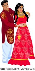 Beautiful Indian couple in wedding dresses dancing at their wedding Groom in national wedding suit of burgundy color with gold pattern  Bride in traditional red wedding sari Vector