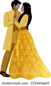 Beautiful Indian couple at the wedding in golden color suits Vector