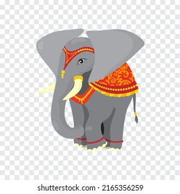 Beautiful Indian elephant in festive attire, cape and bracelets. Isolated vector illustration on a transparent background