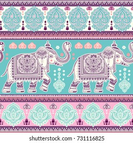 Beautiful Indian elephant seamless pattern. Vector Henna tattoo style. Can be used for textile, greeting business card background, coloring book, phone case print