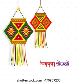 Beautiful Indian Festival background decorated with colorful traditional hanging Lamps (Kandil), Elegant Greeting Card design for Happy Diwali celebration.