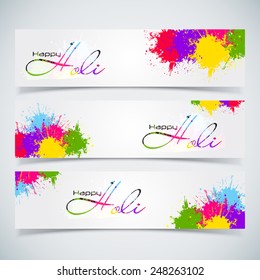 Schönes indisches Festival Buntes Happy Holi Feierlichkeiten mit Farben spritzen auf grungy Banner oder Header Design für Happy Holi Vektorgrafik Design und abstrakter Hintergrund...