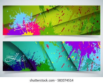 Beautiful Indian festival Colorful Happy Holi celebrations with colors splash on grungy banner or header Design vector illustration design and abstract background...