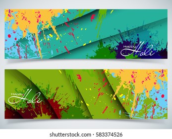 Beautiful Indian festival Colorful Happy Holi celebrations with colors splash on grungy banner or header Design vector illustration design and abstract background...