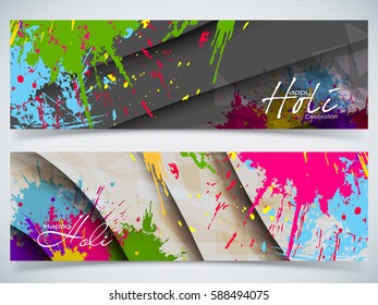 Beautiful Indian festival Colorful Happy Holi celebrations with colors splash on grungy banner or header Design vector illustration design and abstract background...