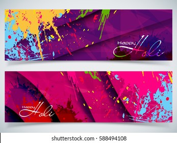 Beautiful Indian festival Colorful Happy Holi celebrations with colors splash on grungy banner or header Design vector illustration design and abstract background...