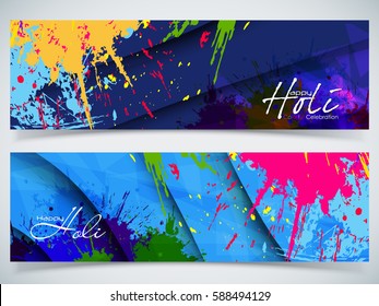 Beautiful Indian festival Colorful Happy Holi celebrations with colors splash on grungy banner or header Design vector illustration design and abstract background...