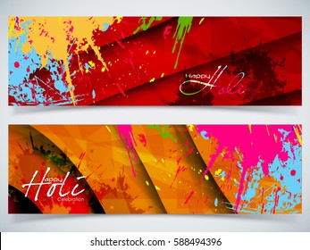 Beautiful Indian festival Colorful Happy Holi celebrations with colors splash on grungy banner or header Design vector illustration design and abstract background...