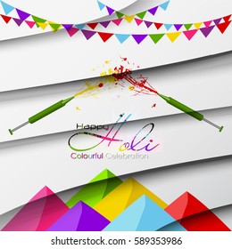 Beautiful Indian festival Colorful Happy Holi celebrations with colors splash on grungy illustration and abstract background....