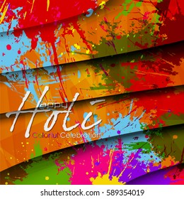 Beautiful Indian festival Colorful Happy Holi celebrations with colors splash on grungy illustration and abstract background....