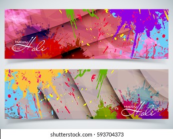 Beautiful Indian festival Colorful Happy Holi celebrations with colors splash on grungy banner or header Design vector illustration design and abstract background.