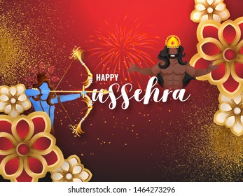 Beautiful Indian Festival poster or banner design with illustration of Lord Rama killing Ravana on night view background for Happy Dussehra celebration concept.