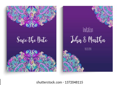Beautiful Indian floral ornament for wedding invitation. Save the date card design. Colorful template. Ornamental, oriental pattern. Vector illustration.