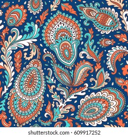 Beautiful Indian floral paisley seamless ornament print. Ethnic Mandala towel. Vector Henna tattoo style. Can be used for textile, greeting business card background, coloring book, phone case print