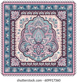 Beautiful Indian floral paisley seamless ornament print. Ethnic Mandala towel. Vector Henna tattoo style. Can be used for textile, greeting business card background, coloring book, phone case print