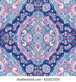 Beautiful Indian floral paisley seamless ornament print. Ethnic Mandala towel. Vector Henna tattoo style. Can be used for textile, greeting business card background, coloring book, phone case print