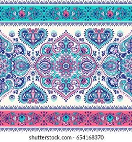 Beautiful Indian floral paisley seamless ornament print. Ethnic Mandala towel. Vector Henna tattoo style. Can be used for textile, greeting business card background, coloring book, phone case print