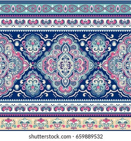 Beautiful Indian floral paisley seamless ornament pattern. Ethnic Mandala towel. Vector Henna tattoo style. Can be used for textile, greeting business card background, coloring book, phone case print