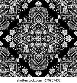Beautiful Indian floral paisley seamless ornament pattern. Ethnic Mandala towel. Vector Henna tattoo style. Can be used for textile, greeting business card background, coloring book, phone case print