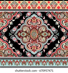 Beautiful Indian floral paisley seamless ornament pattern. Ethnic Mandala towel. Vector Henna tattoo style. Can be used for textile, greeting business card background, coloring book, phone case print