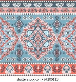 Beautiful Indian floral paisley seamless ornament pattern. Ethnic Mandala towel. Vector Henna tattoo style. Can be used for textile, greeting business card background, coloring book, phone case print