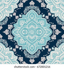 Beautiful Indian floral paisley seamless ornament pattern. Ethnic Mandala towel. Vector Henna tattoo style. Can be used for textile, greeting business card background, coloring book, phone case print