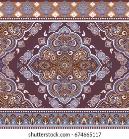 Beautiful Indian floral paisley seamless ornament pattern. Ethnic Mandala towel. Vector Henna tattoo style. Can be used for textile, greeting business card background, coloring book, phone case print