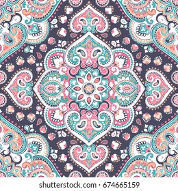 Beautiful Indian floral paisley seamless ornament pattern. Ethnic Mandala towel. Vector Henna tattoo style. Can be used for textile, greeting business card background, coloring book, phone case print