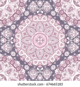 Beautiful Indian floral paisley seamless ornament pattern. Ethnic Mandala towel. Vector Henna tattoo style. Can be used for textile, greeting business card background, coloring book, phone case print