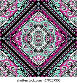 Beautiful Indian floral paisley seamless ornament pattern. Ethnic Mandala towel. Vector Henna tattoo style. Can be used for textile, greeting business card background, coloring book, phone case print
