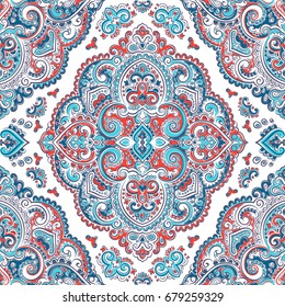 Beautiful Indian floral paisley seamless ornament pattern. Ethnic Mandala towel. Vector Henna tattoo style. Can be used for textile, greeting business card background, coloring book, phone case print