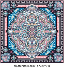 Beautiful Indian floral paisley seamless ornament pattern. Ethnic Mandala towel. Vector Henna tattoo style. Can be used for textile, greeting business card background, coloring book, phone case print