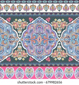 Beautiful Indian floral paisley seamless ornament pattern. Ethnic Mandala towel. Vector Henna tattoo style. Can be used for textile, greeting business card background, coloring book, phone case print