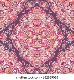 Beautiful Indian floral paisley seamless ornament pattern. Ethnic Mandala towel. Vector Henna tattoo style. Can be used for textile, greeting business card background, coloring book, phone case print